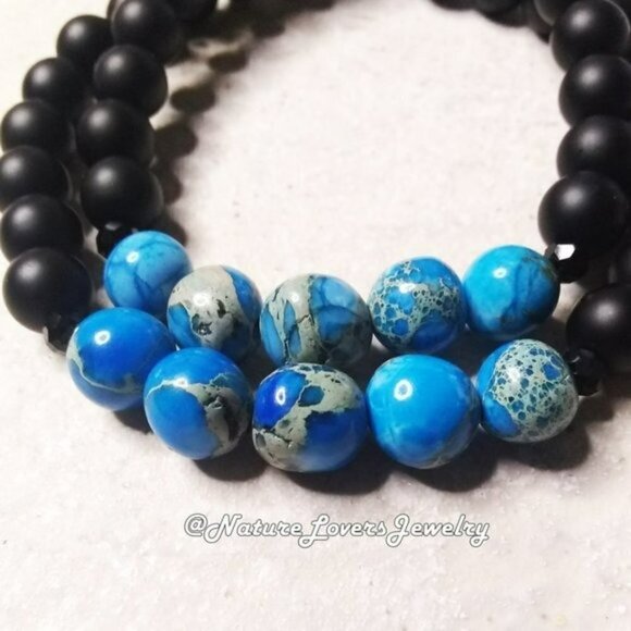 His & Hers Bracelet Set! Couples + Partners! Blue Sea Sediment Jasper 6.75" + 8" - Picture 5 of 8